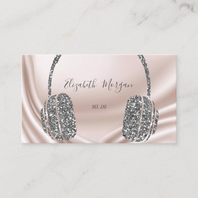 Carte De Visite Casque DJ Pailleté Argent Élégant (Devant)