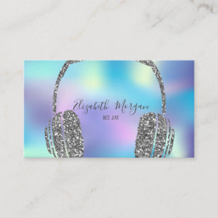 Carte De Visite Casque DJ Paillettes Holographiques Bleu Tendance