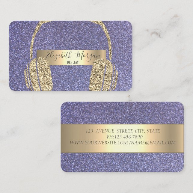 Carte De Visite Casque DJ Paillettes Violet Moderne et Cool (Devant / Derrière)