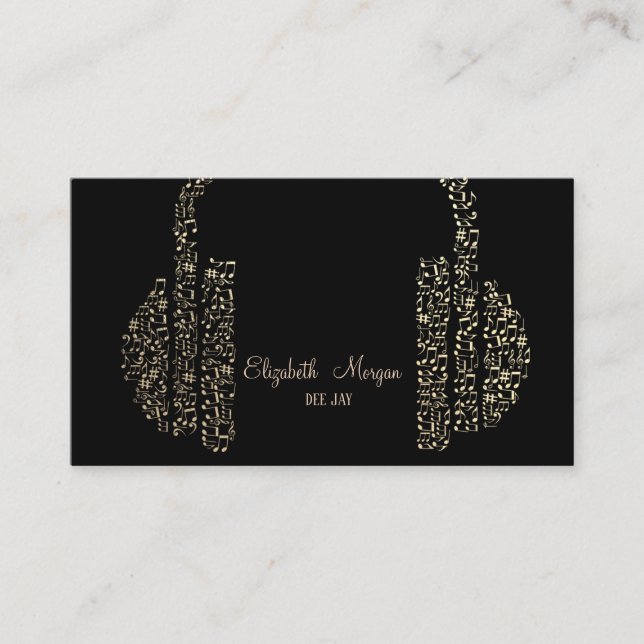 Carte De Visite Casque Notes de Musique Or Élégant DJ (Devant)