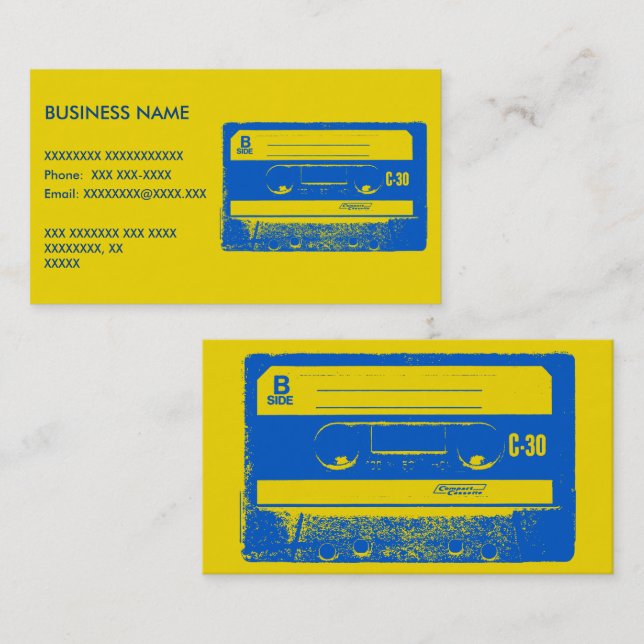 Carte De Visite Cassette audio bleu et jaune rétro (Devant / Derrière)