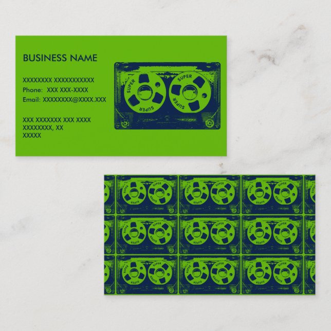 Carte De Visite Cassette audio rétro vert et bleu (Devant / Derrière)