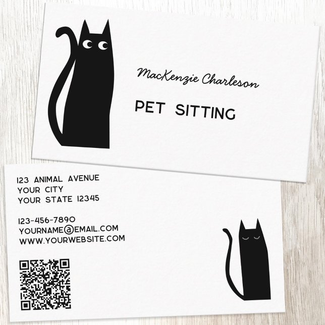 Carte De Visite Cat noir QR Code Services pour animaux (Fun black cat custom text qr code pet sitting feeding services business card)
