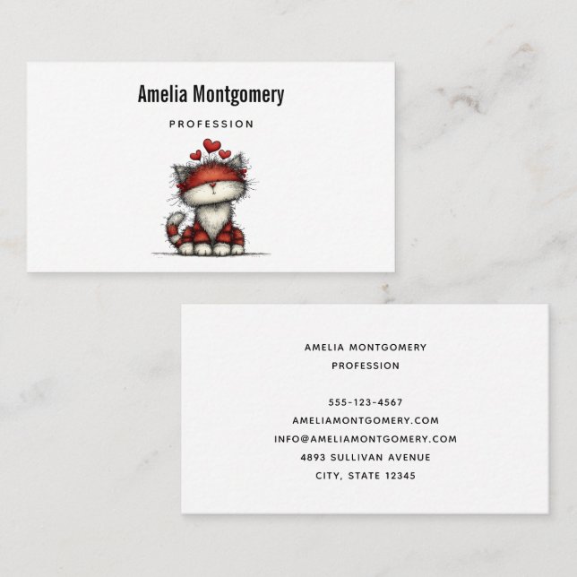 Carte De Visite Cat with Red Love Hearts Cute and Funny (Devant / Derrière)