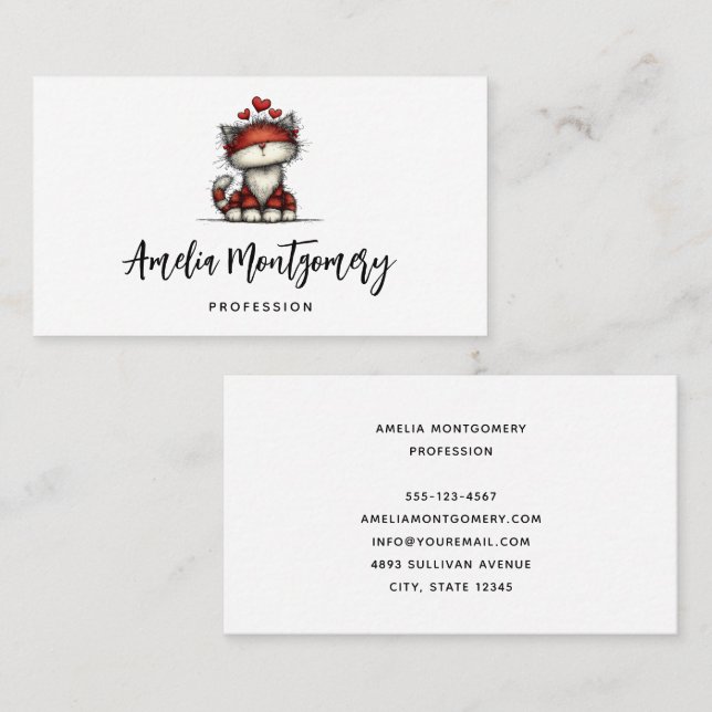 Carte De Visite Cat with Red Love Hearts Cute and Funny (Devant / Derrière)