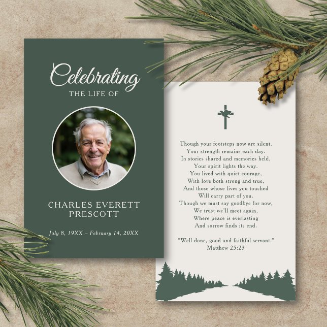 Carte De Visite Célébration de la vie Photo Écriture Croix Colombe (Editable scripture, poem text, and photo placement for a deeply personal tribute.)