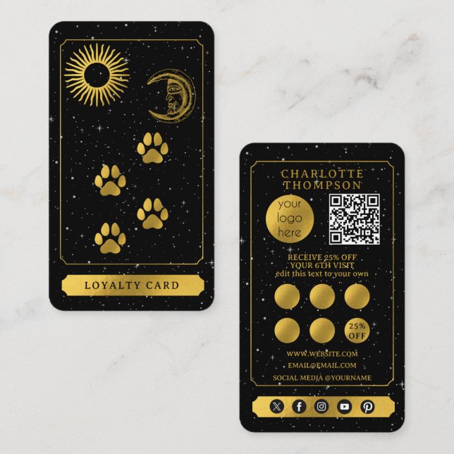 Carte De Visite Celestial Tarot Dog Grooming Black Gold Thank You (Devant / Derrière)