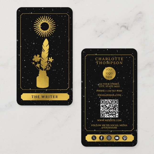 Carte De Visite Celestial Tarot Logo Black Gold Writer Author (Devant / Derrière)