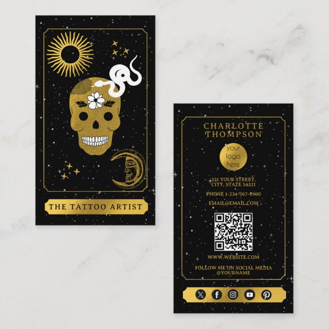 Carte De Visite Celestial Tarot Logo Tattoo Artist Black Gold  (Devant / Derrière)