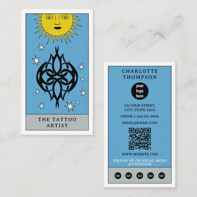 Carte De Visite Celestial Tarot Sun Tattoo Artist Piercer Logo (Devant / Derrière)