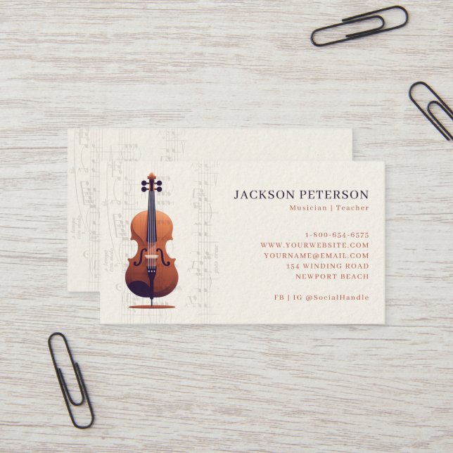 Carte De Visite Cello Musical Notes Cellist Musician Professional (Devant/Arrière en situation)