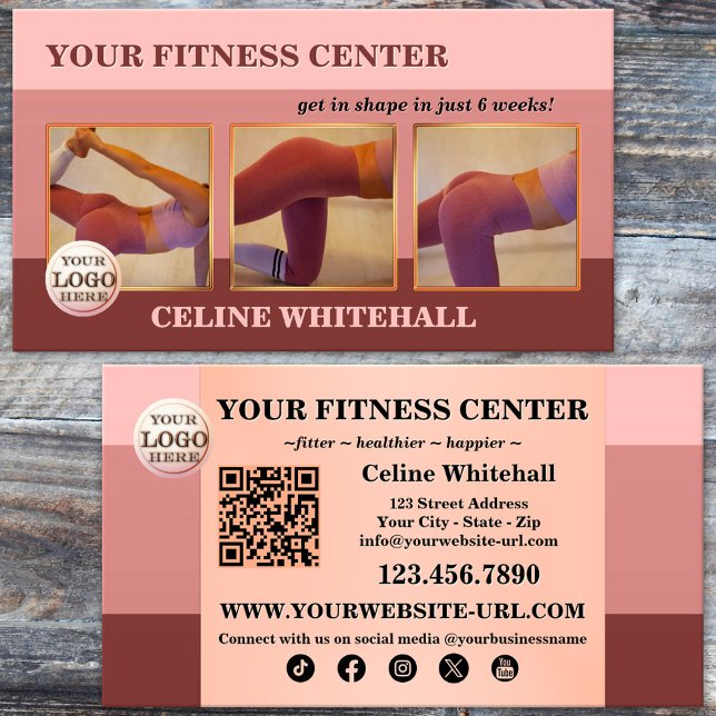 Carte De Visite Centre de remise en forme de photo rose profession (Professional fitness personal trainer business card featuring in elegant pink with warm earth tones)