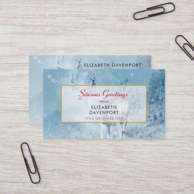 Carte De Visite Cerfs d'hiver et pins Joyeuses Fêtes (Devant/Arrière en situation)