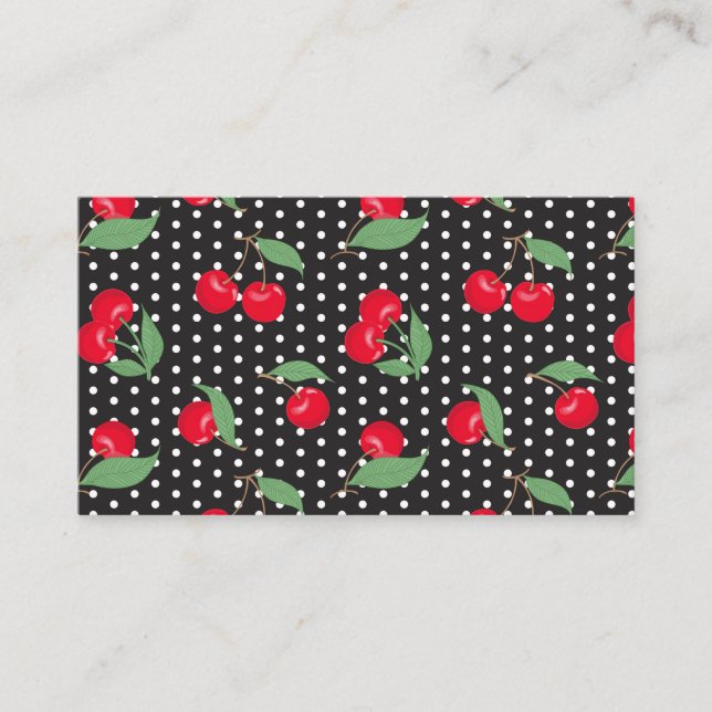 Carte De Visite Cerise Rouge Fruit Feuilles Vertes Points Noirs Bl (Devant)