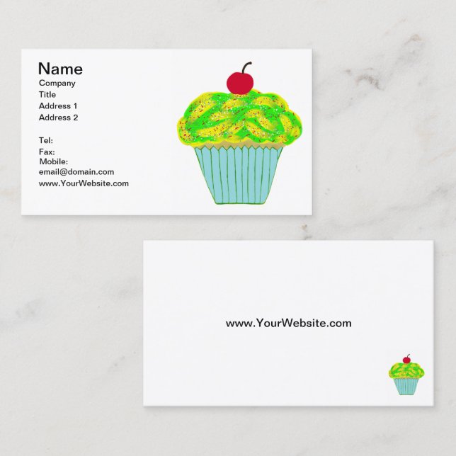 Carte De Visite Cerise sur le dessus Vanille jaune et vert Cupcake (Devant / Derrière)