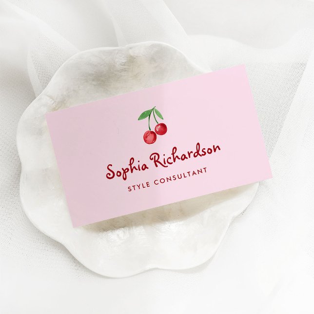Carte De Visite Cerises rétro rose Whimsical | Code QR (Créateur téléchargé)