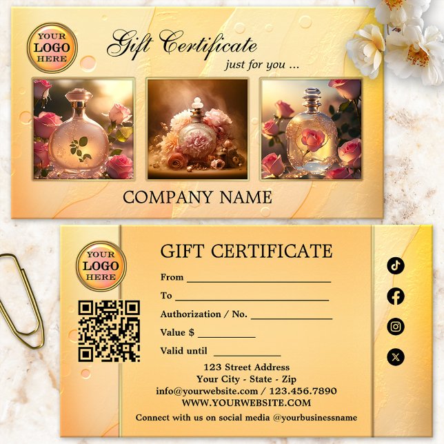 Carte De Visite Certificat-cadeau artistique féminin du portefeuil (Gift certificate featuring 3 custom photos framed by an artistic feminine ocher and pink design)