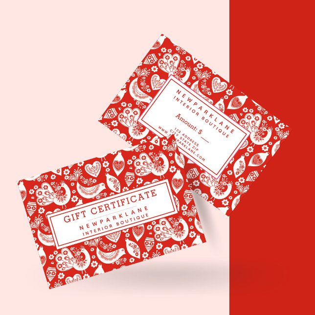 Carte De Visite Certificat-cadeau de Noël scandinave rouge à motif (Créateur téléchargé)