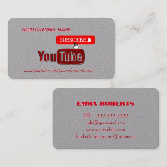 Carte De Visite Chaîne Youtube rouge, Youtubeur (Devant / Derrière)