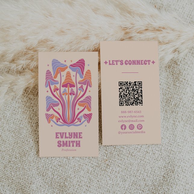 Carte De Visite Champignons Super roses rétro Girl Boho QR Code (Créateur téléchargé)