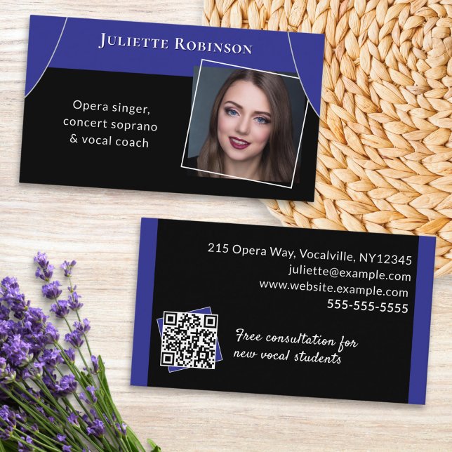 Carte De Visite Chanteur d'opéra chanter enseignant musicien QR Co (A stylish business card for an opera singer, with custom QR code, photo and contact details)