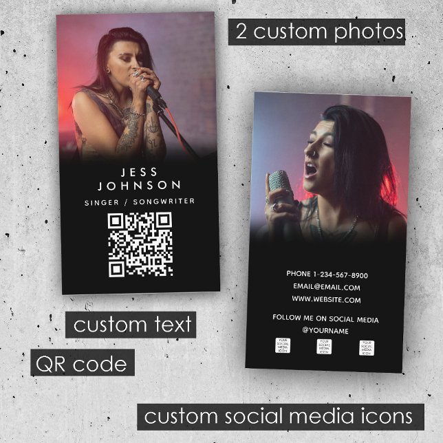 Carte De Visite Chanteur musicien compositeur bande photo QR Code (Singer Musician Songwriter Band Photo QR Code Business Card)