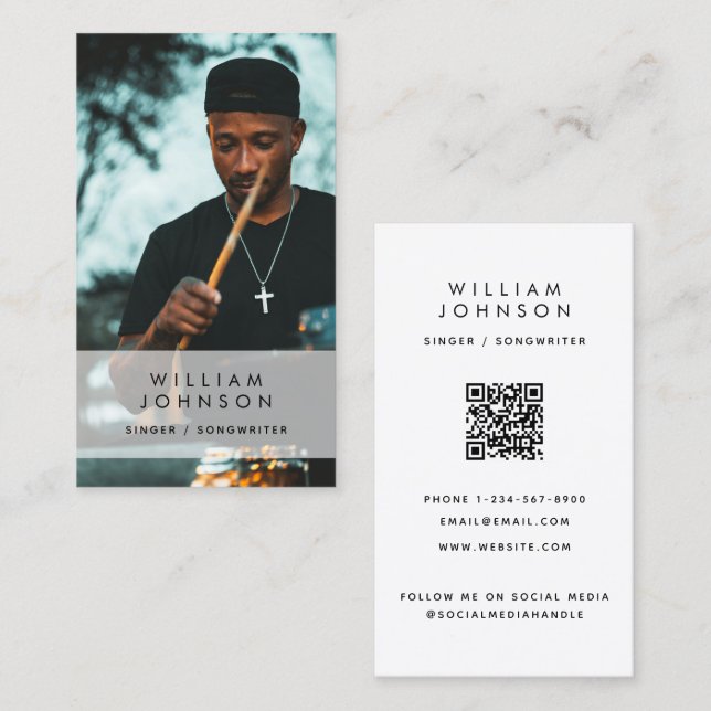 Carte De Visite Chanteur musicien Photo Drummer Social Media QR Co (Devant / Derrière)