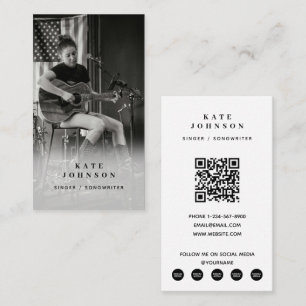 Carte De Visite Chanteur musicien photo noir et blanc QR Code