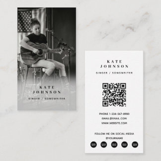 Carte De Visite Chanteur musicien photo noir et blanc QR Code