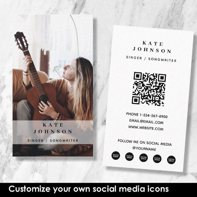 Carte De Visite Chanteur musicien Photo personnalisée Médias socia (Singer Musician Photo Custom Social Media QR Code Business Card)