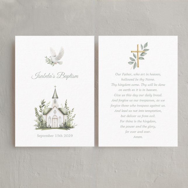 Carte De Visite Chapel Paptism White Dove, Green Prayer Card (Baptism Lord's prayer Card - white chapel)