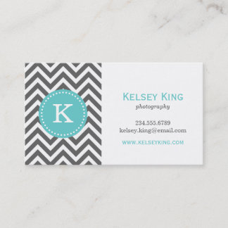 Carte De Visite Charcoal Grey et Turquoise Chevron Monogram