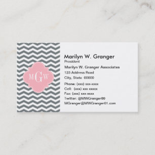 Carte De Visite Charcoal Thin Chevron Pink Quatrefoil 3 monogram