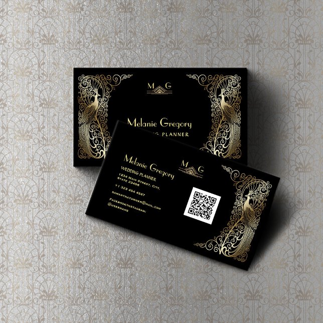 Carte De Visite Charme QR Code Gold Art Déco Peacocks Professionne (Créateur téléchargé)