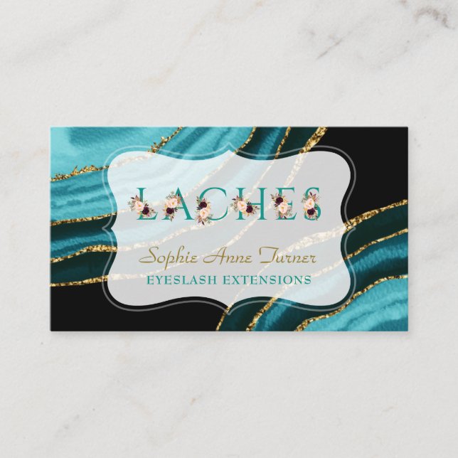 Carte De Visite Charme Turquoise Agate Or Floral Lettre Laches (Devant)
