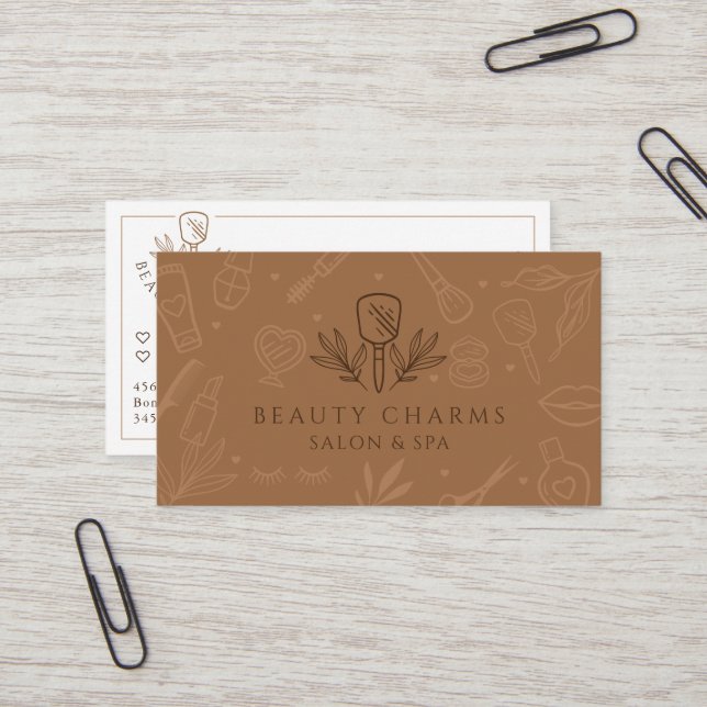 Carte De Visite Charmes de beauté de luxe Tan & logo maquillage Br (Devant/Arrière en situation)