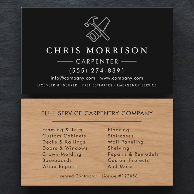 Carte De Visite Charpentier Bois Noir Argent Menuiserie  (Créateur téléchargé)