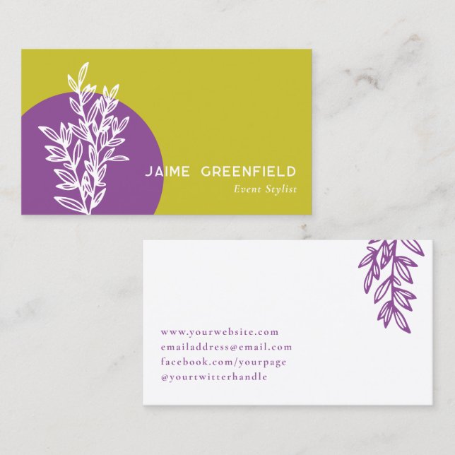 Carte De Visite Chartreuse Purple Greenery Line Art Business Card (Devant / Derrière)