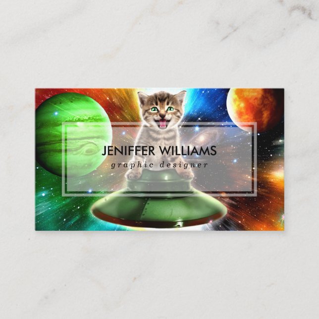 Carte De Visite Chat Alien dans la soucoupe de l'ufo (Devant)
