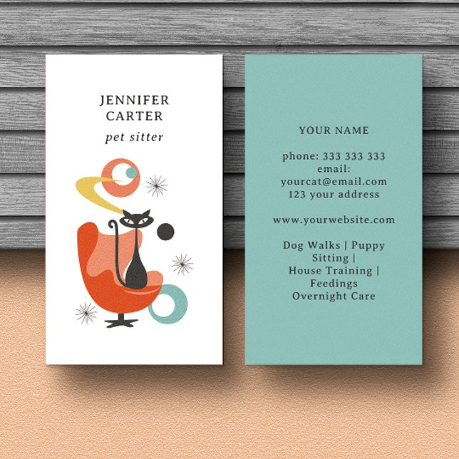 CARTE DE VISITE CHAT ATOMIQUE SUR UNE CHAISE SITTER POUR ANIMAUX D (Créateur téléchargé)