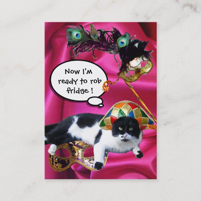 CARTE DE VISITE CHAT AVEC CHAPEAU D'ARLEQUIN ET MASQUES DE BAL MAS (Devant)