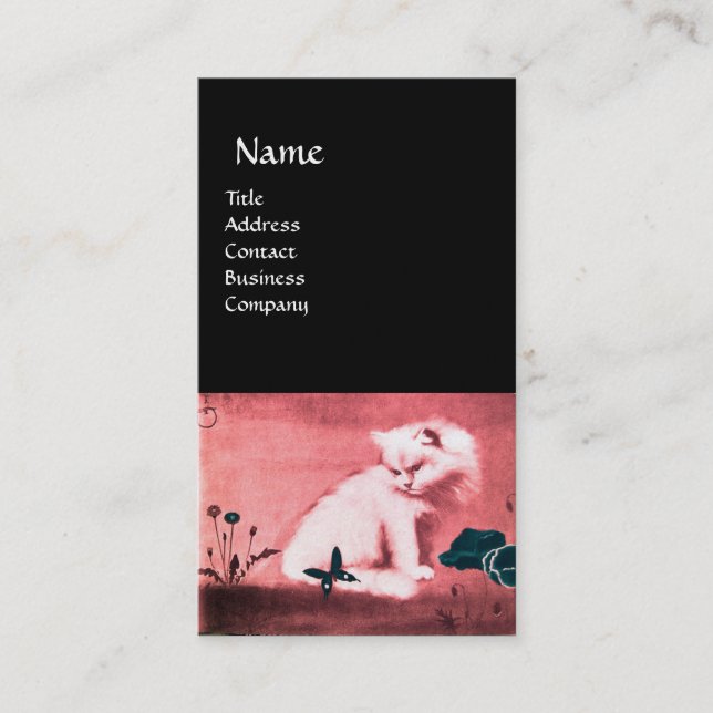 CARTE DE VISITE CHAT BLANC AVEC POITRINE NOIR MONOGRAMME ROSE (Devant)