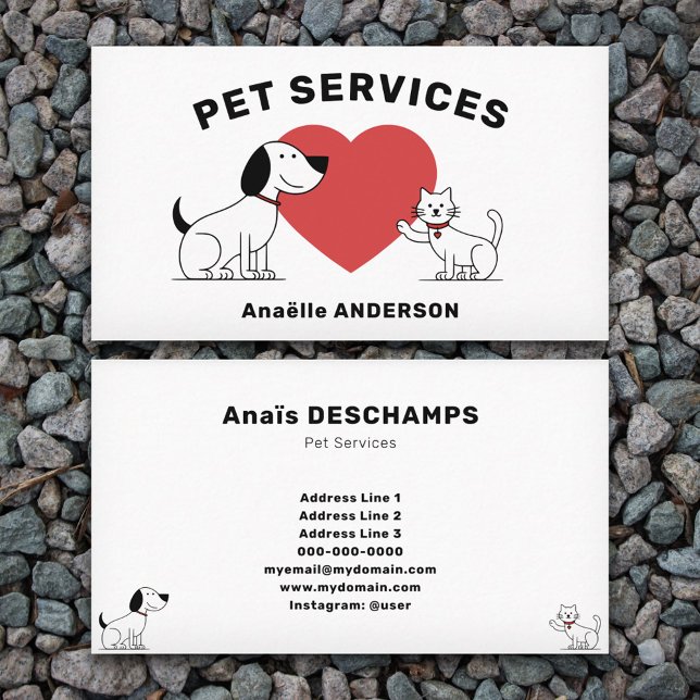 Carte De Visite Chat, Chien & Coeur - Services pour animaux de com (Cat, Dog & Heart - Pet Services Business Card)
