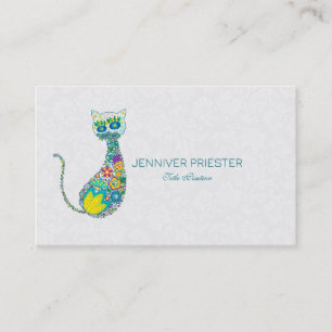 Carte De Visite Chat floral rétro coloré et Damas blanches