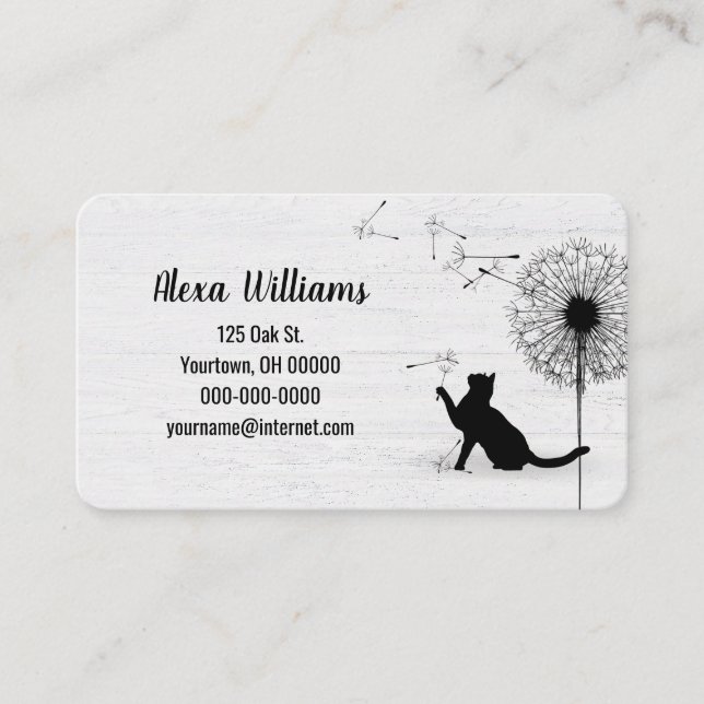 Carte De Visite Chat noir avec Dandelion sur bois (Devant)