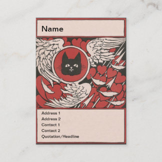 Carte De Visite Chat noir, coeurs et ailes vintages