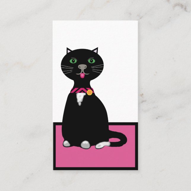 Carte De Visite Chat noir et blanc mignon sur un tapis rose (Devant)