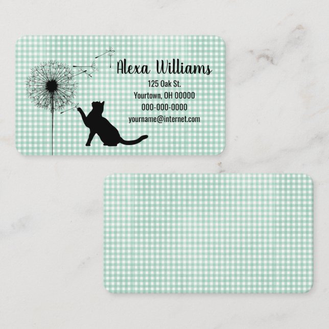 Carte De Visite Chat noir et pissenlit sur gingham (Devant / Derrière)