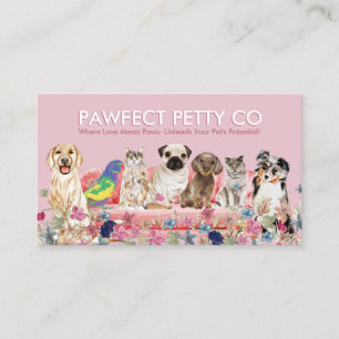 Carte De Visite Chat Rose Oiseau Chien Aquarelle Fleurs