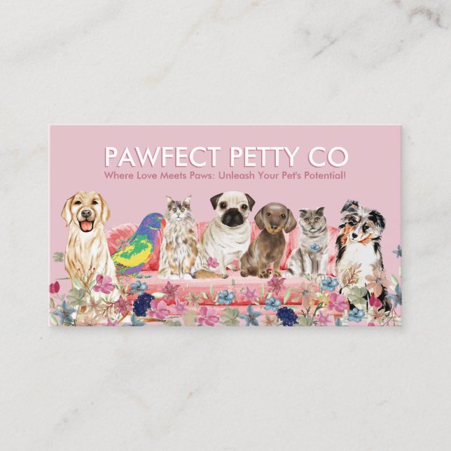 Carte De Visite Chat Rose Oiseau Chien Aquarelle Fleurs (Devant)